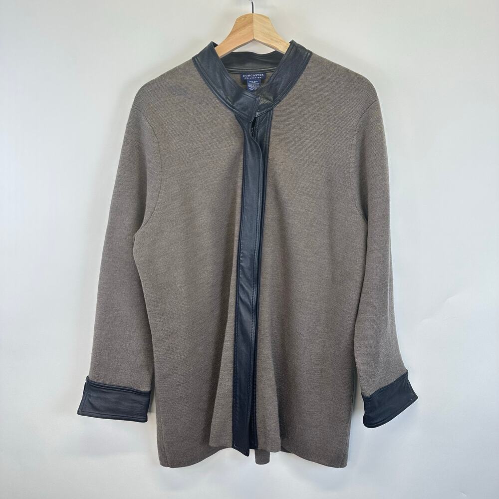 Doncaster Collection Wool And Leather Trim Open Cardigan Brown Sweater Womens XL